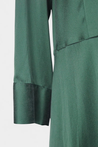 Long sleeve forest green silk shirt dress that can be worn as a lightweight duster jacket
