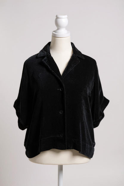 Mulberry-Silk-Velvet-Jacket-Black-Camp-Collar-Short-Sleeve-Luxury-Outerwear