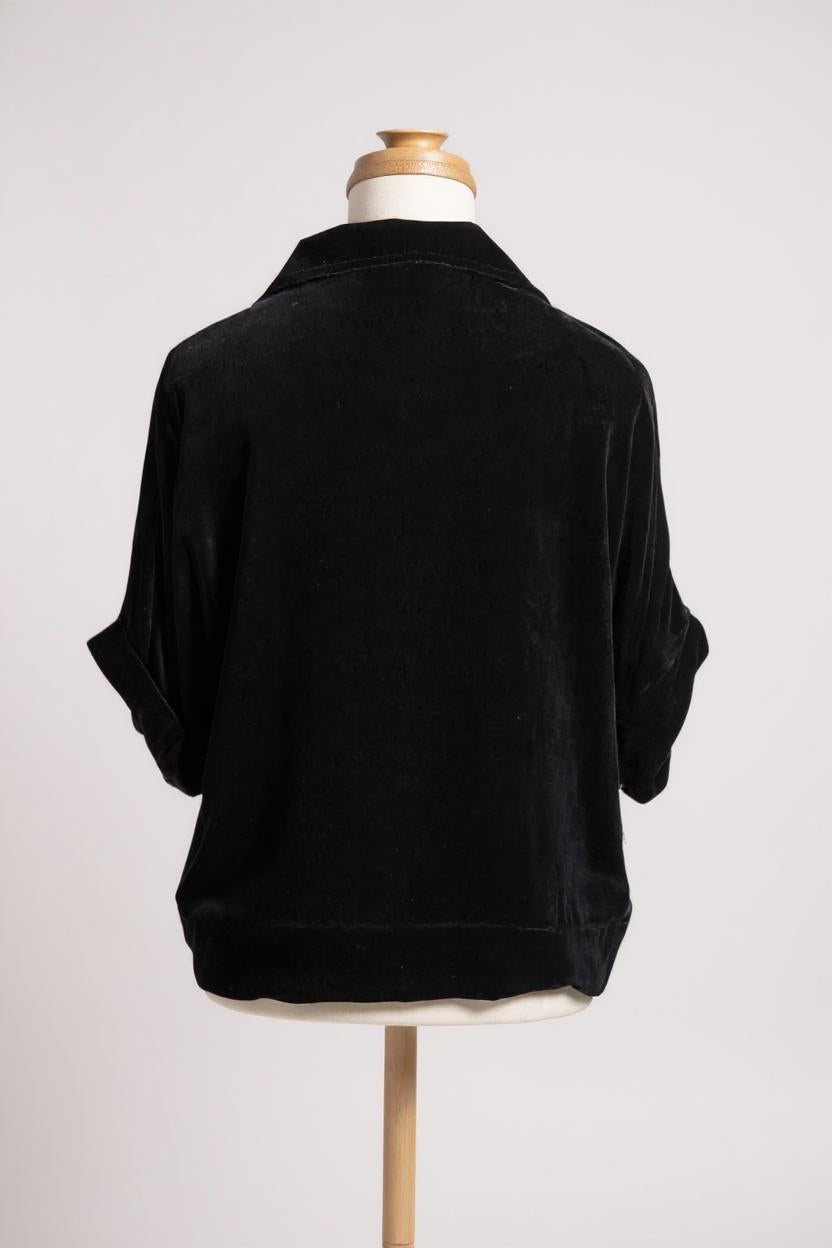 Mulberry-Silk-Velvet-Jacket-Black-Camp-Collar-Short-Sleeve-Luxury-Outerwear
