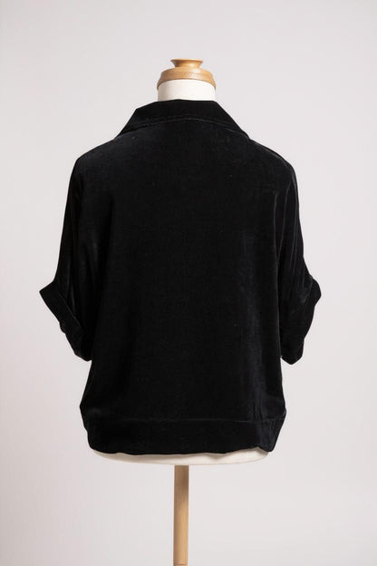 Mulberry-Silk-Velvet-Jacket-Black-Camp-Collar-Short-Sleeve-Luxury-Outerwear