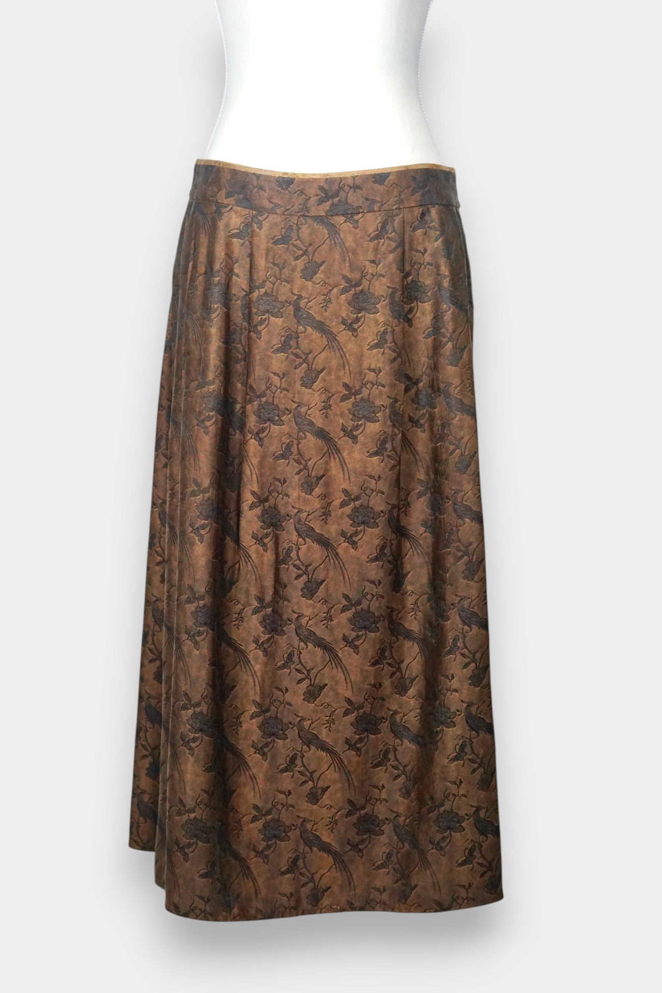 Women's reversible A-line skirt made from bronze Gambiered Guangdong Gauze silk with traditional phoenix patterns.