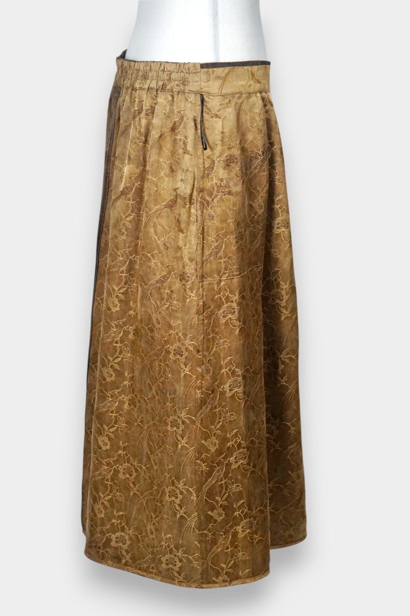 Women's reversible A-line skirt made from bronze Gambiered Guangdong Gauze silk with traditional phoenix patterns.