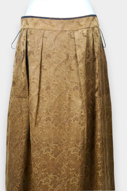 Women's reversible A-line skirt made from bronze Gambiered Guangdong Gauze silk with traditional phoenix patterns.
