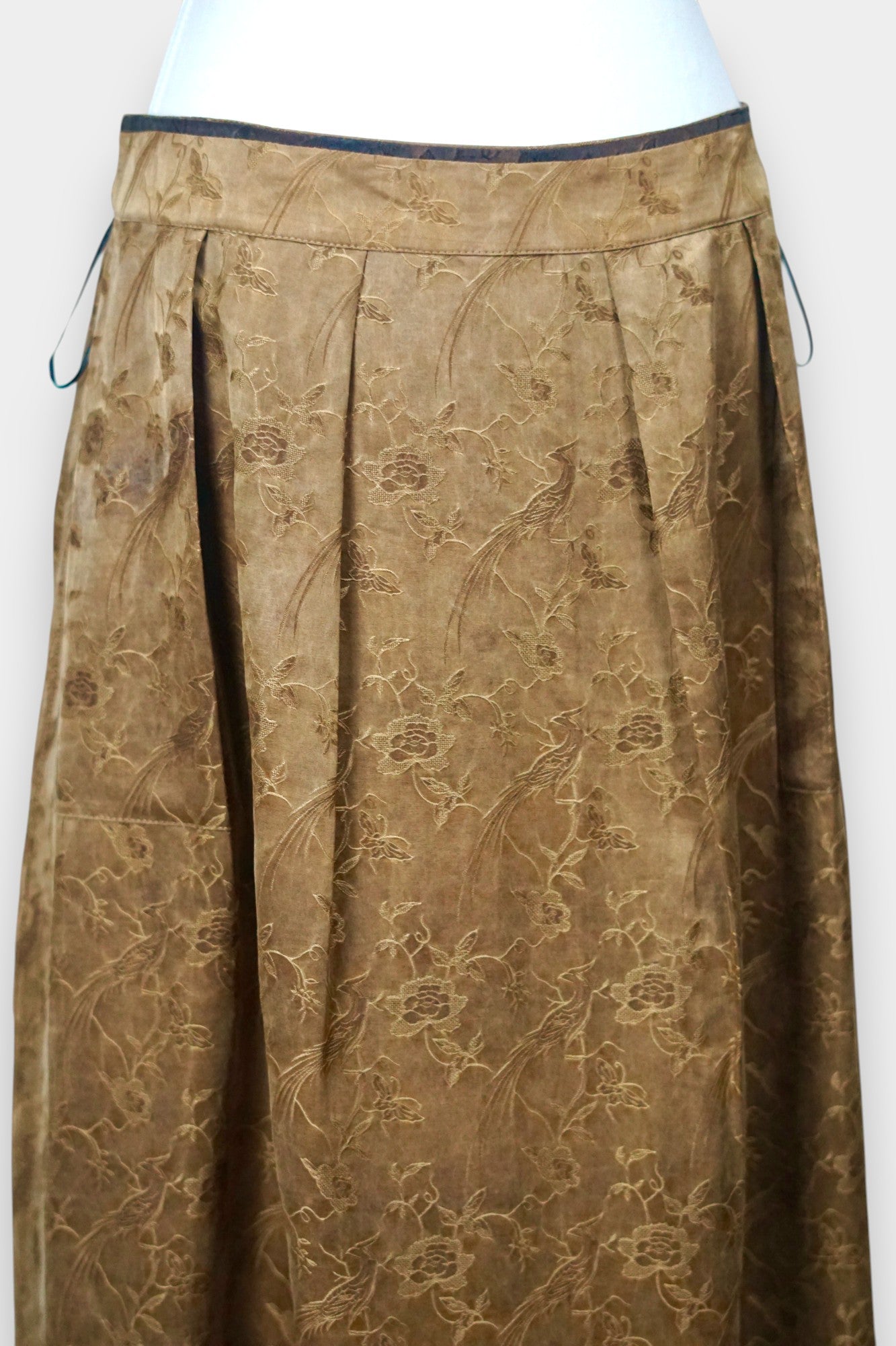 Women's reversible A-line skirt made from bronze Gambiered Guangdong Gauze silk with traditional phoenix patterns.