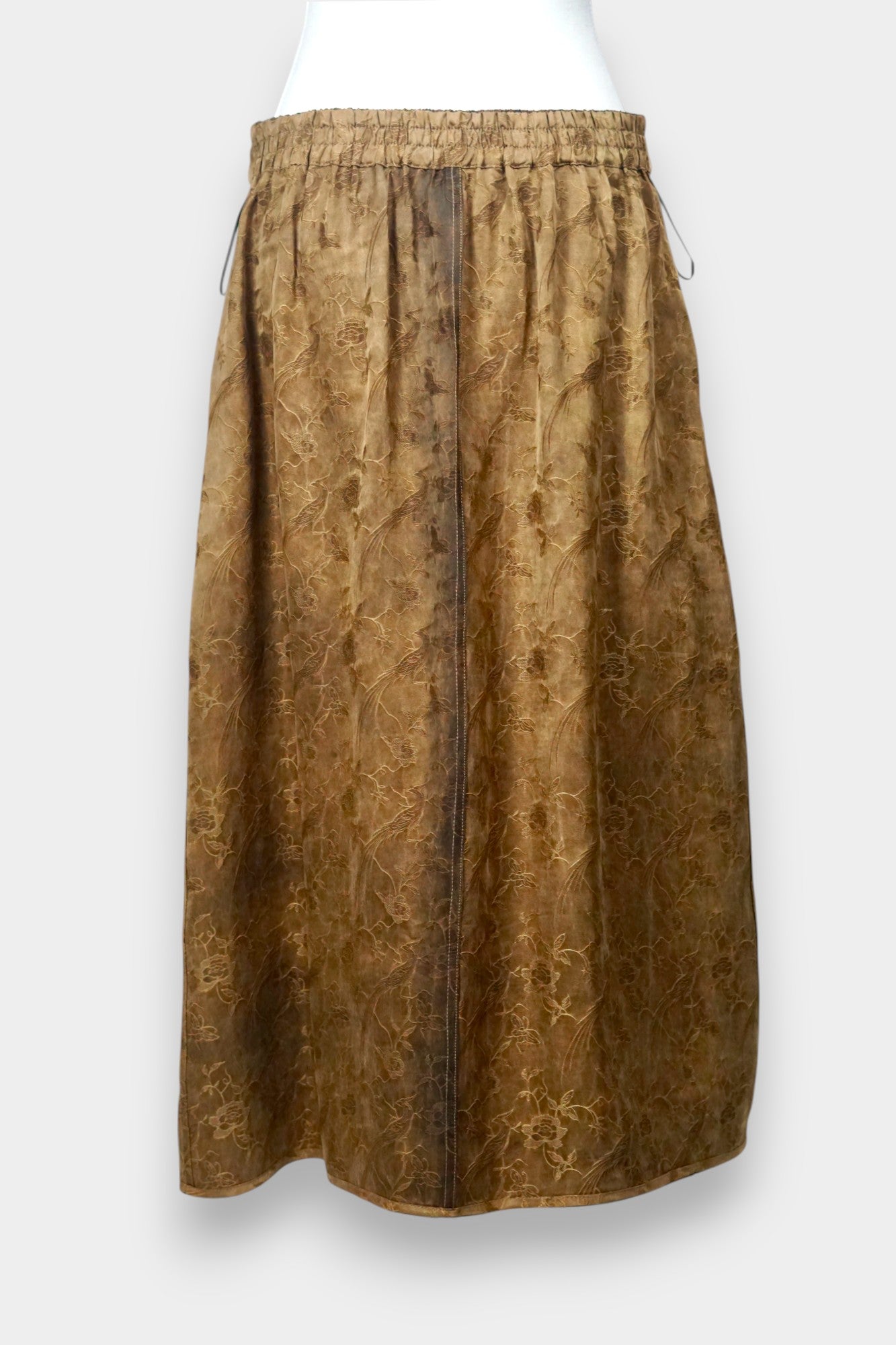 Women's reversible A-line skirt made from bronze Gambiered Guangdong Gauze silk with traditional phoenix patterns.