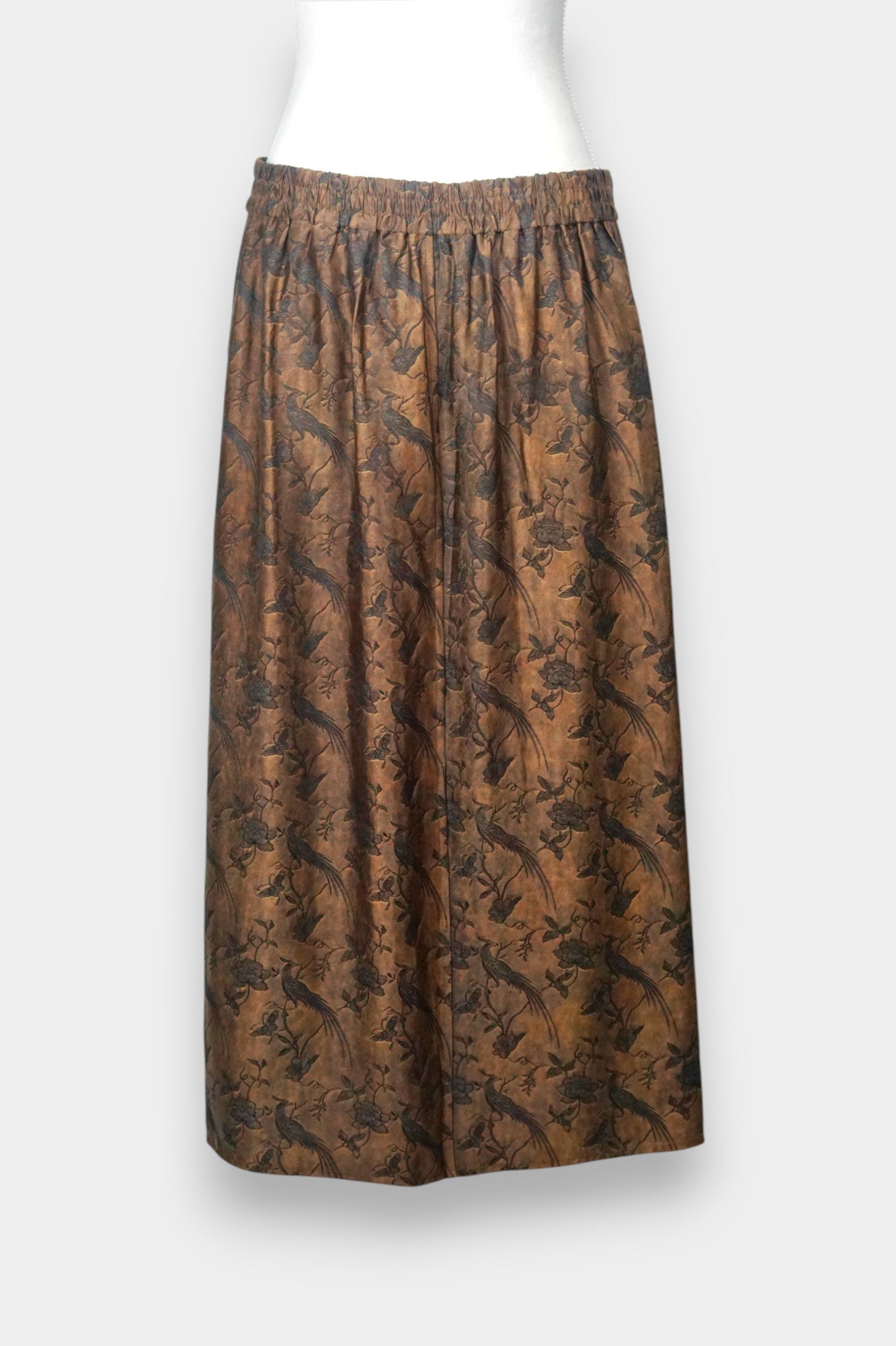 Women's reversible A-line skirt made from bronze Gambiered Guangdong Gauze silk with traditional phoenix patterns.