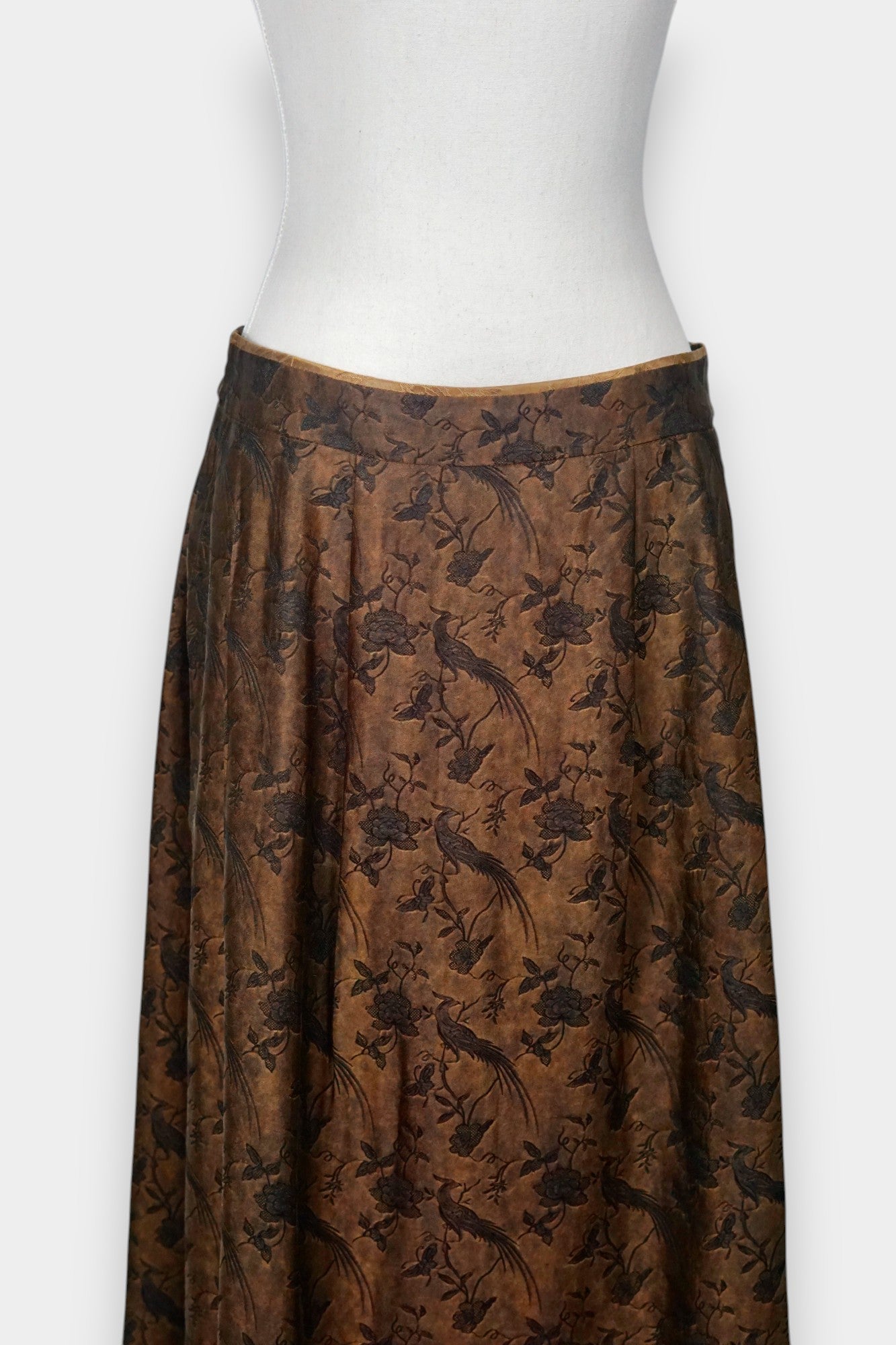 Women's reversible A-line skirt made from bronze Gambiered Guangdong Gauze silk with traditional phoenix patterns.