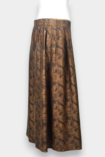 Women's reversible A-line skirt made from bronze Gambiered Guangdong Gauze silk with traditional phoenix patterns.