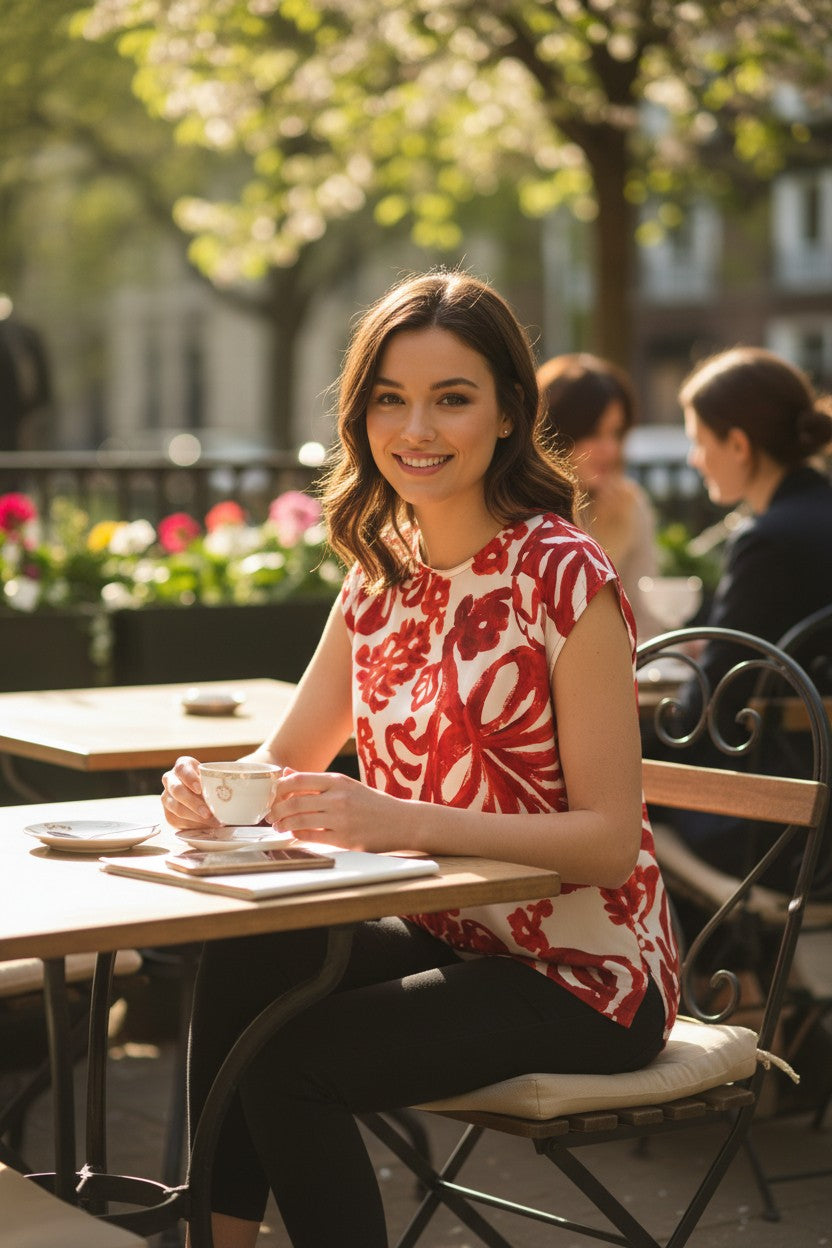 Mulberry Silk Abstract Botanical Print Sleeveless Top