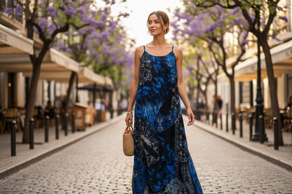 Handmade Mulberry Silk Maxi Dress | Blue Feather & Paisley Print