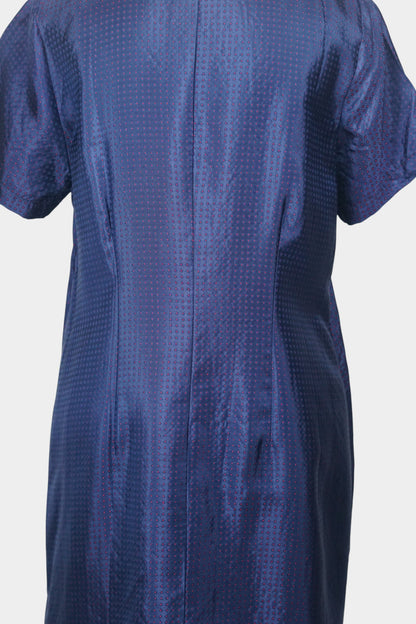 Navy blue Song Brocade silk dress featuring subtle red dotted pattern and ornamental buttons.