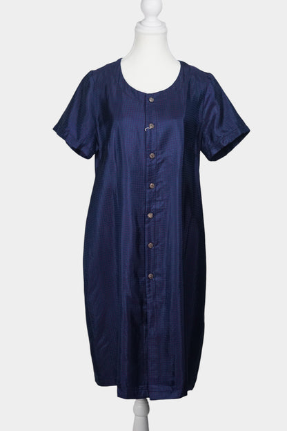 Navy blue Song Brocade silk dress featuring subtle red dotted pattern and ornamental buttons.