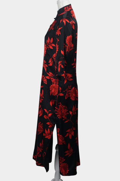 Traditional Chinese style midi dress in lustrous black fabric, adorned with vibrant red floral motifs and a teardrop cutout at the neck