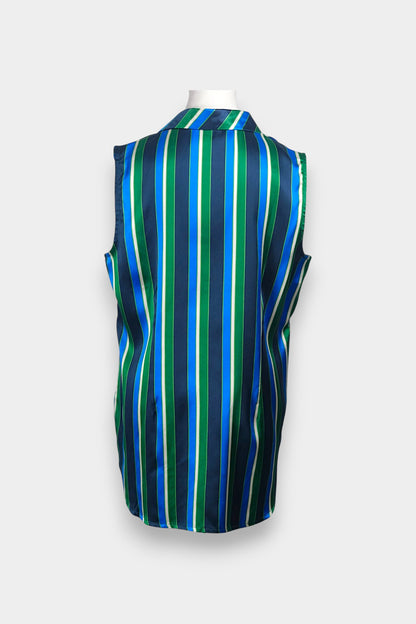 Lustrous Song Brocade V-neck top with collar, displaying intricate blue, green, and white vertical stripes