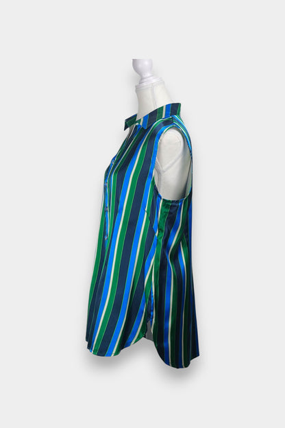 Lustrous Song Brocade V-neck top with collar, displaying intricate blue, green, and white vertical stripes