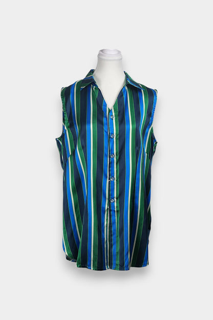 Lustrous Song Brocade V-neck top with collar, displaying intricate blue, green, and white vertical stripes