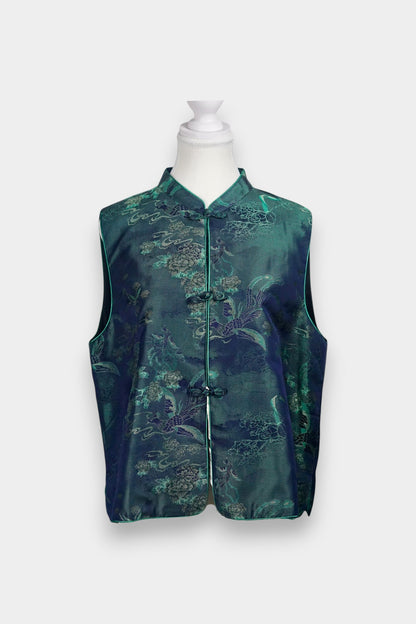 Traditional Chinese Tang suit vest featuring intricate cloud and bird patterns in teal and navy.