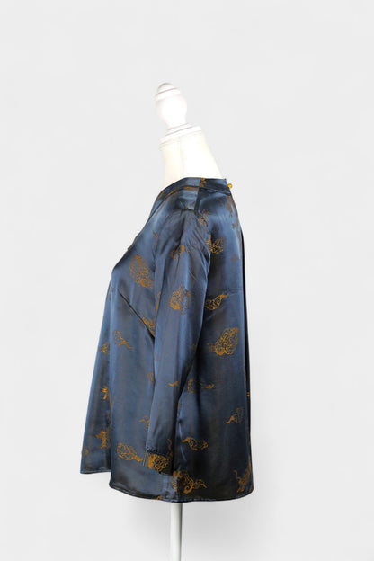 Women's Chinese luxury top, dark grey Song Jin silk blouse with imperial gold dragon embroidery for special occasions.