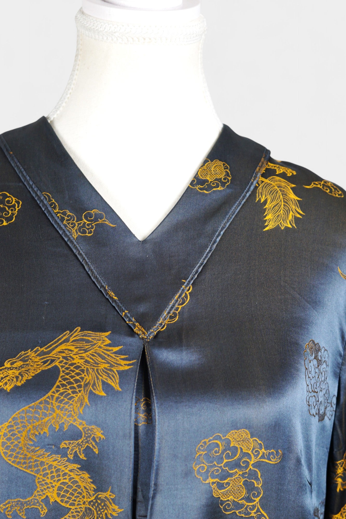 Women's Chinese luxury top, dark grey Song Jin silk blouse with imperial gold dragon embroidery for special occasions.