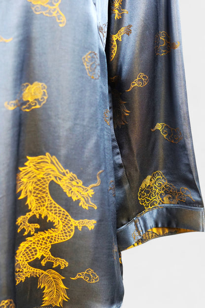 Women's Chinese luxury top, dark grey Song Jin silk blouse with imperial gold dragon embroidery for special occasions.