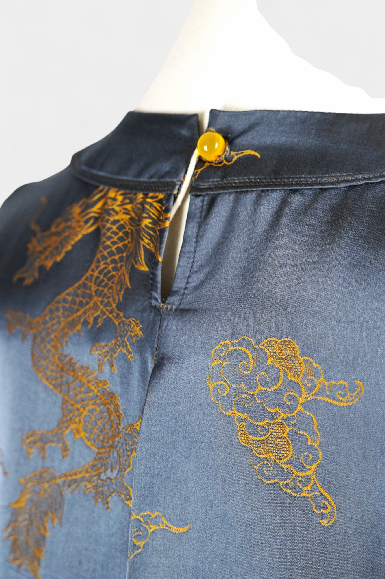 Women's Chinese luxury top, dark grey Song Jin silk blouse with imperial gold dragon embroidery for special occasions.