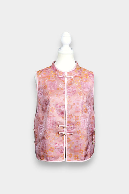 Pink Song Brocade silk vest featuring traditional lantern motifs and mandarin collar.