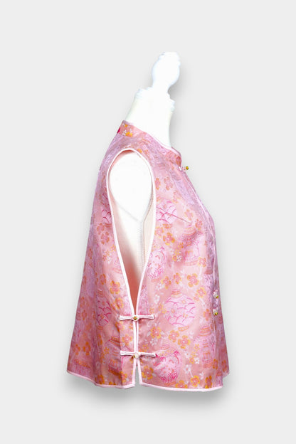 Pink Song Brocade silk vest featuring traditional lantern motifs and mandarin collar.