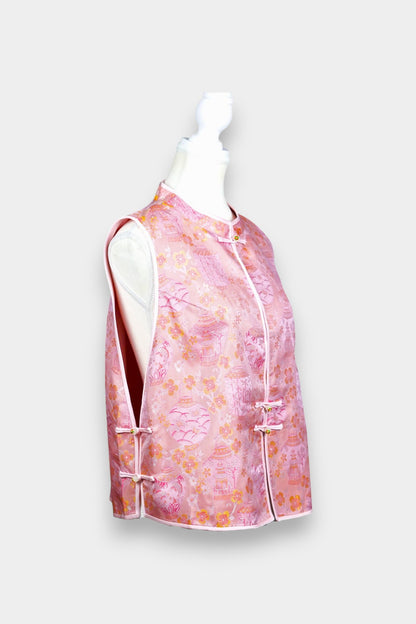 Pink Song Brocade silk vest featuring traditional lantern motifs and mandarin collar.