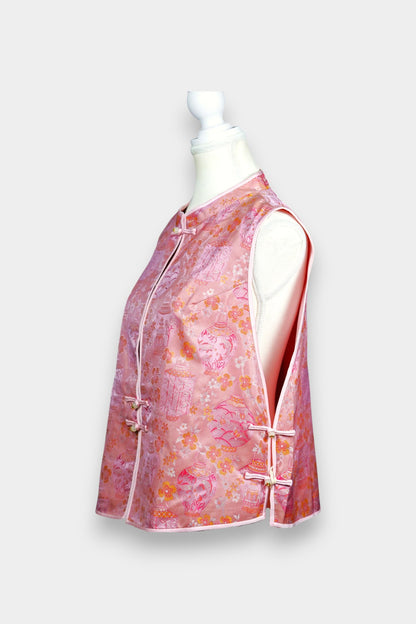 Pink Song Brocade silk vest featuring traditional lantern motifs and mandarin collar.