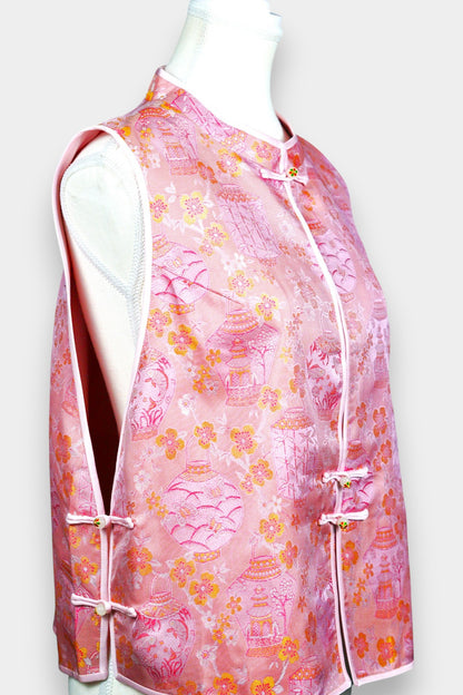 Pink Song Brocade silk vest featuring traditional lantern motifs and mandarin collar.