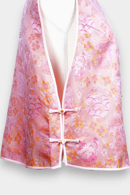 Pink Song Brocade silk vest featuring traditional lantern motifs and mandarin collar.