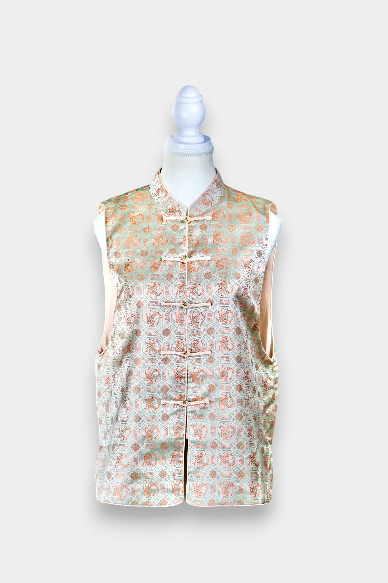 Mint green Song Brocade silk vest with phoenix medallions and mandarin collar