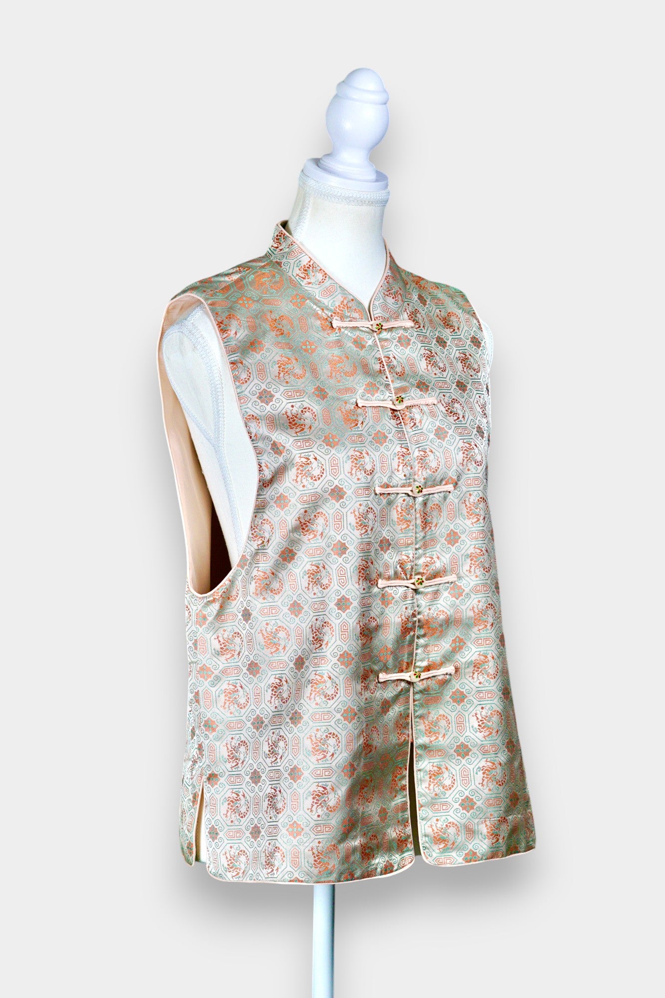 Mint green Song Brocade silk vest with phoenix medallions and mandarin collar