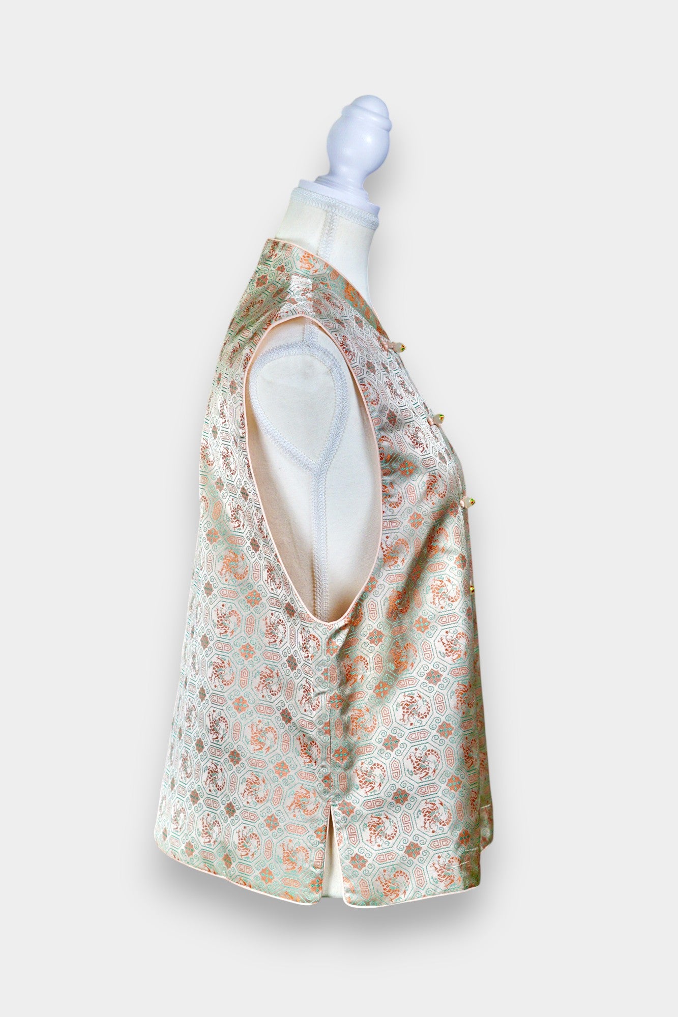 Mint green Song Brocade silk vest with phoenix medallions and mandarin collar