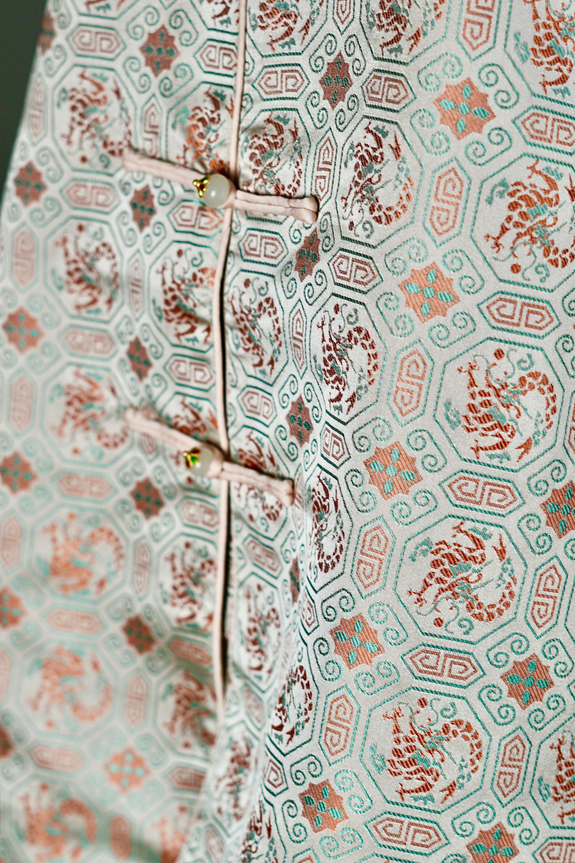 Mint green Song Brocade silk vest with phoenix medallions and mandarin collar