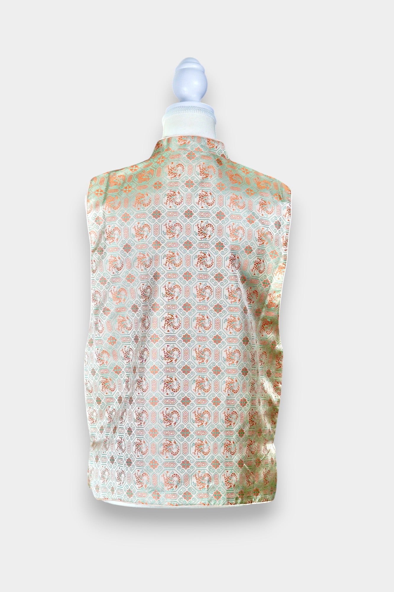 Mint green Song Brocade silk vest with phoenix medallions and mandarin collar