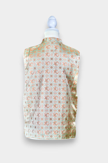 Mint green Song Brocade silk vest with phoenix medallions and mandarin collar