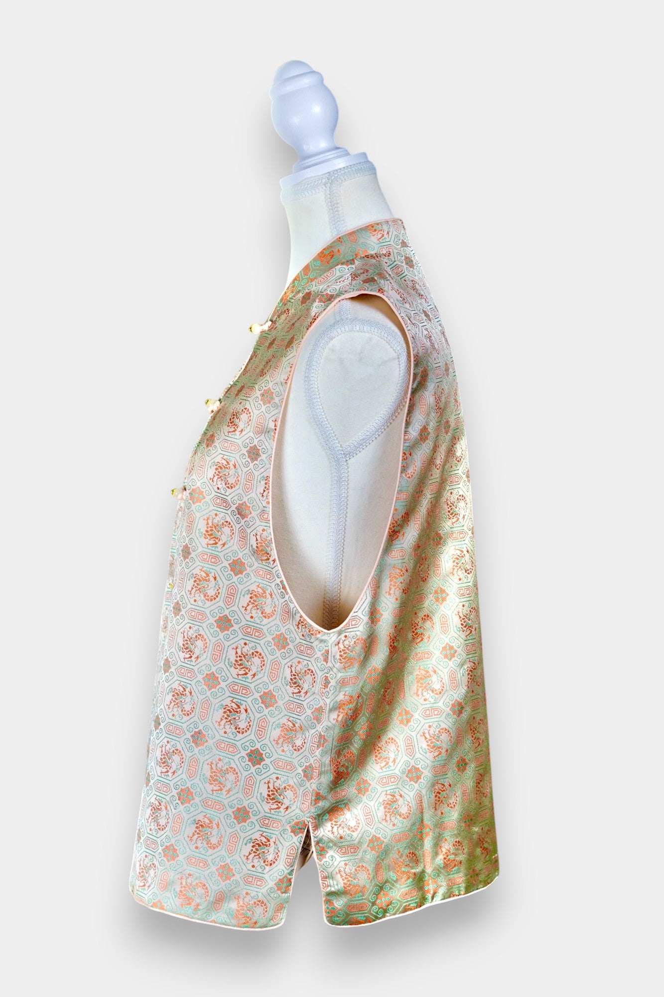 Mint green Song Brocade silk vest with phoenix medallions and mandarin collar