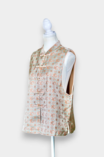 Mint green Song Brocade silk vest with phoenix medallions and mandarin collar