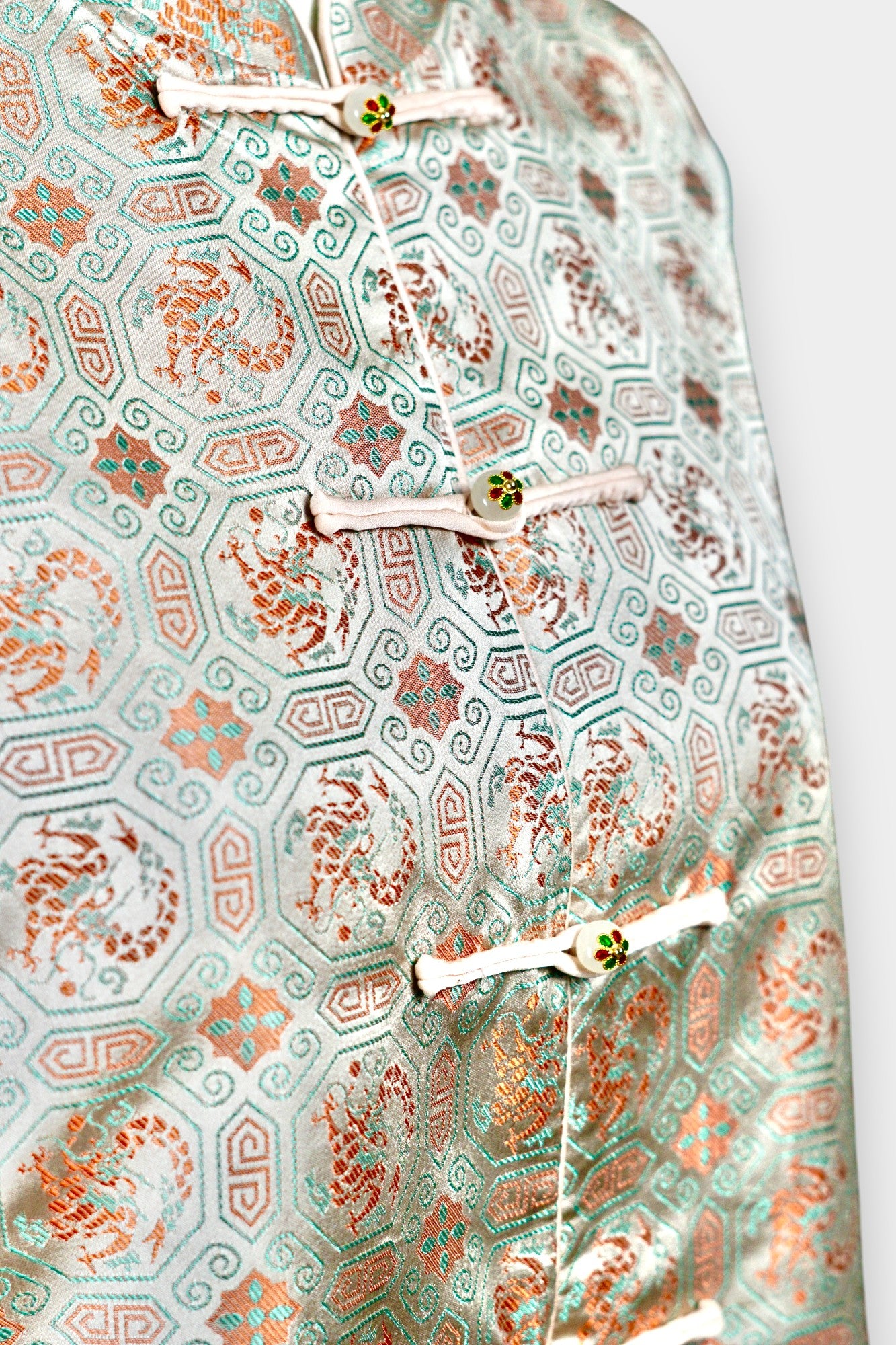 Mint green Song Brocade silk vest with phoenix medallions and mandarin collar