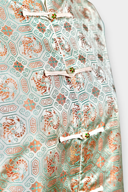 Mint green Song Brocade silk vest with phoenix medallions and mandarin collar