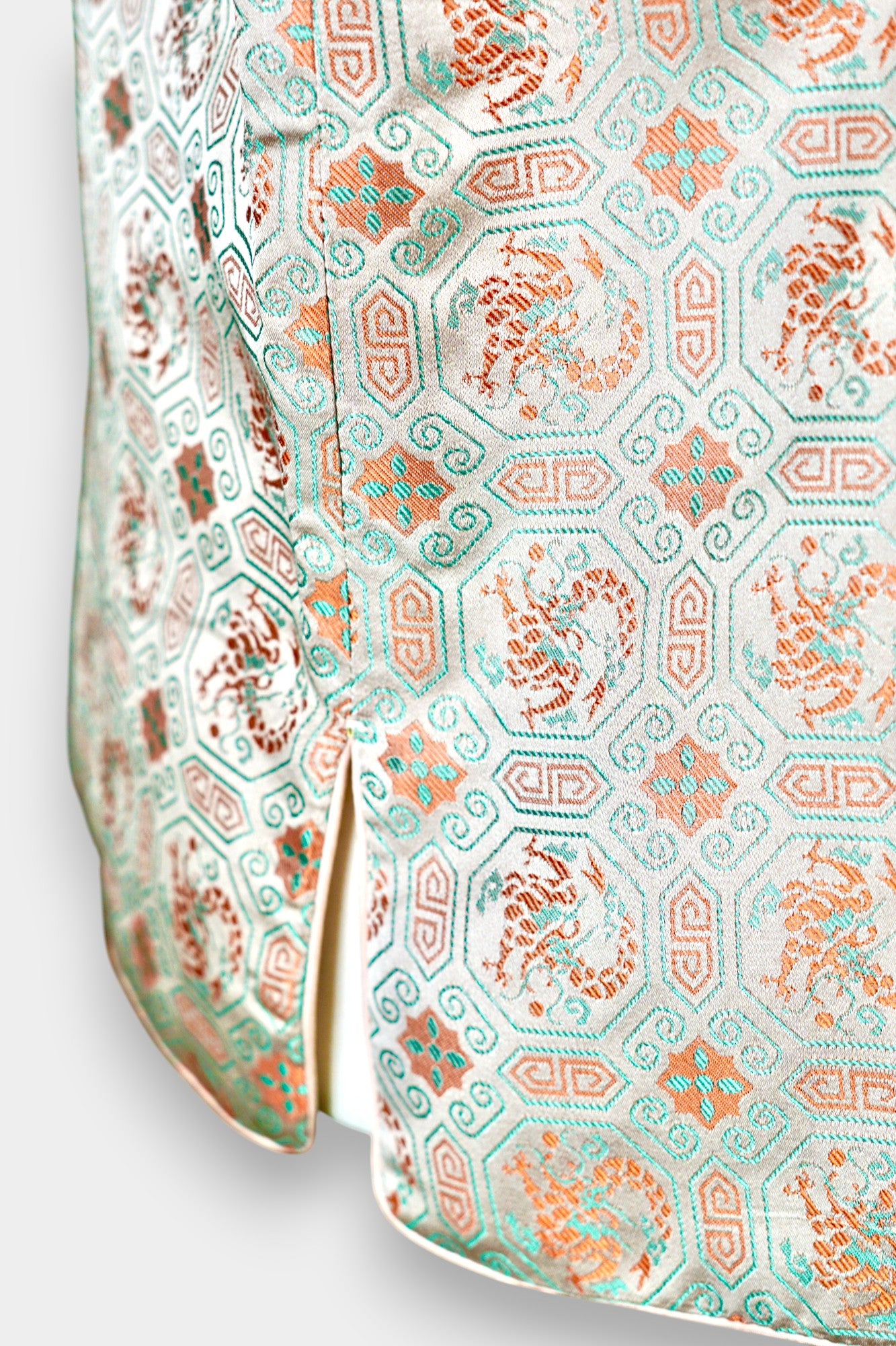 Mint green Song Brocade silk vest with phoenix medallions and mandarin collar