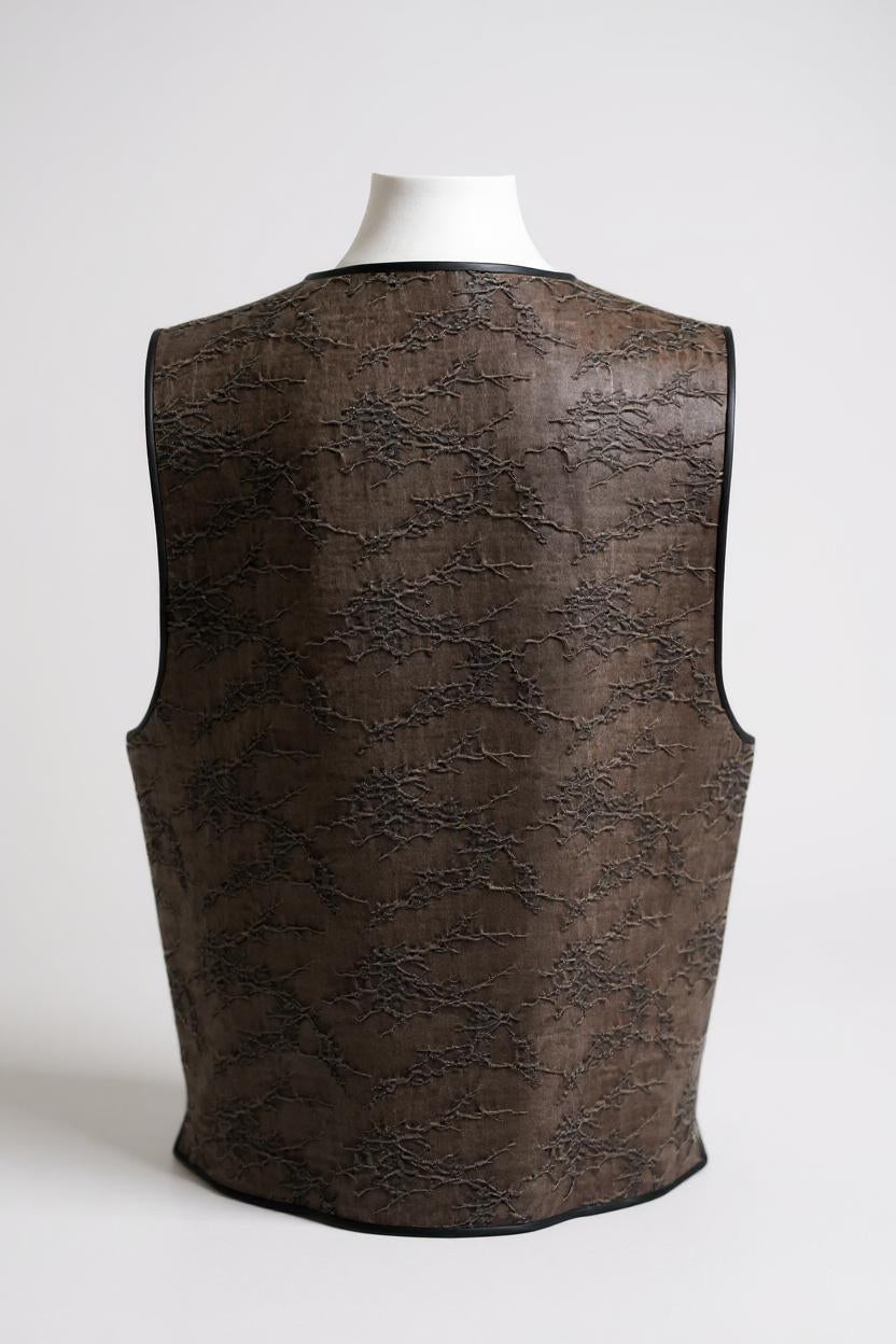 Brown Tussah silk sleeveless top featuring unique crinkled texture and black piping