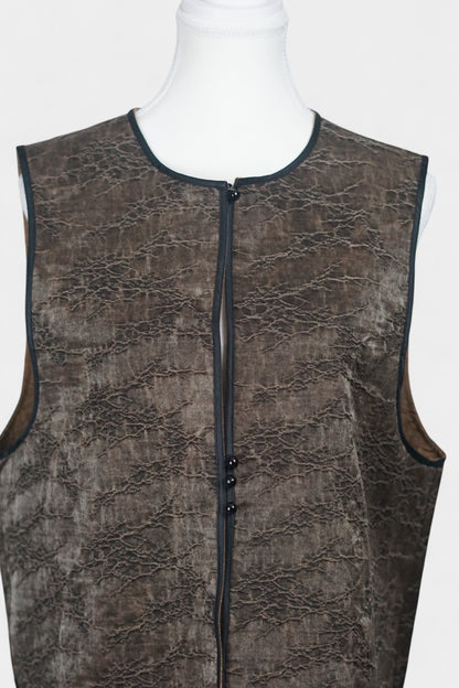 Brown Tussah silk sleeveless top featuring unique crinkled texture and black piping