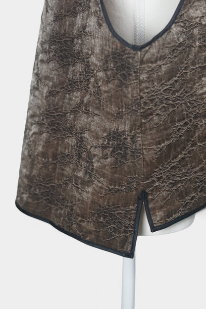 Brown Tussah silk sleeveless top featuring unique crinkled texture and black piping