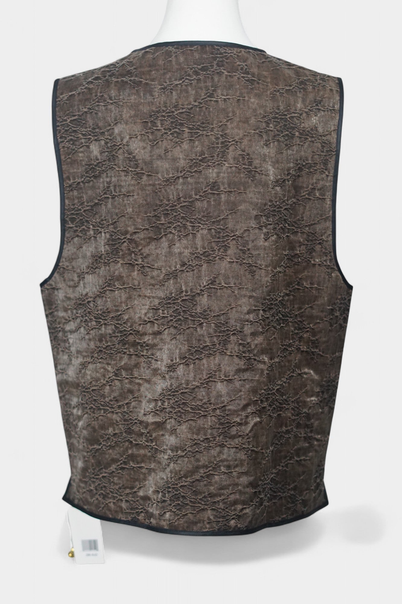 Brown Tussah silk sleeveless top featuring unique crinkled texture and black piping
