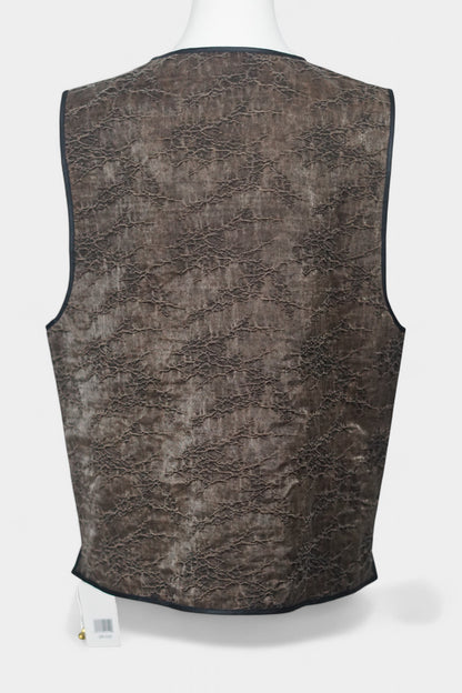 Brown Tussah silk sleeveless top featuring unique crinkled texture and black piping