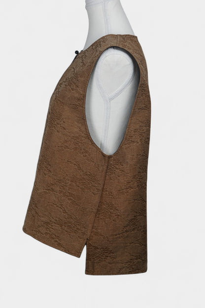 Brown Tussah silk sleeveless top featuring unique crinkled texture and black piping