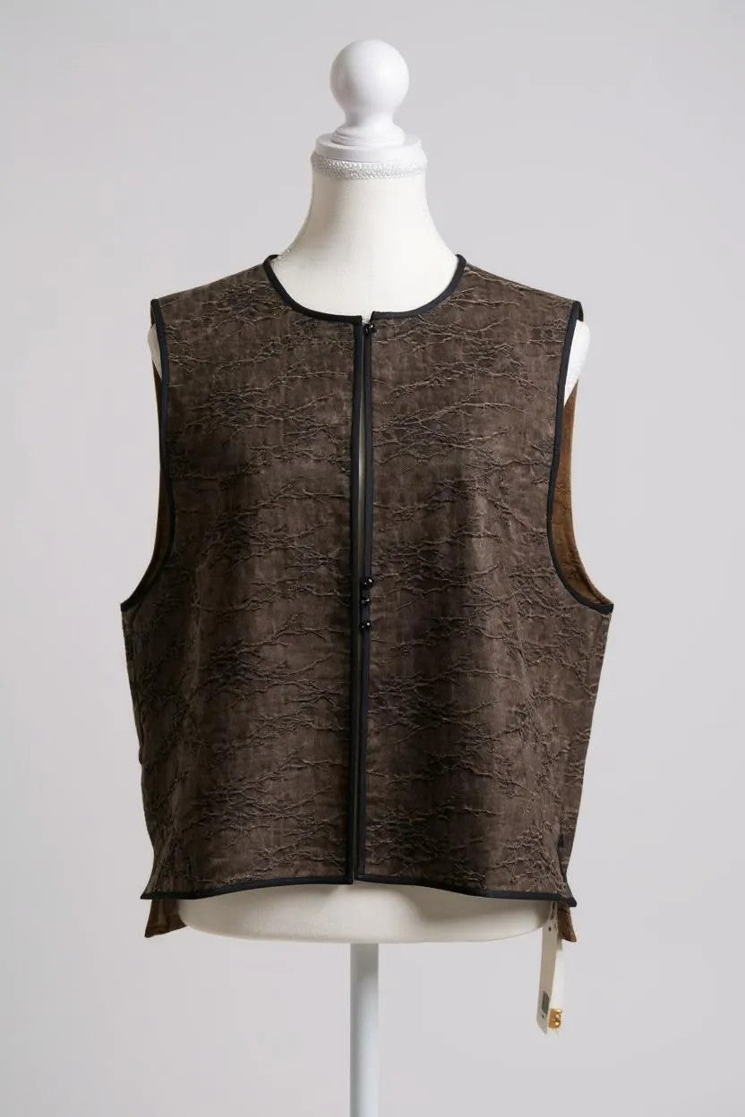 Brown Tussah silk sleeveless top featuring unique crinkled texture and black piping