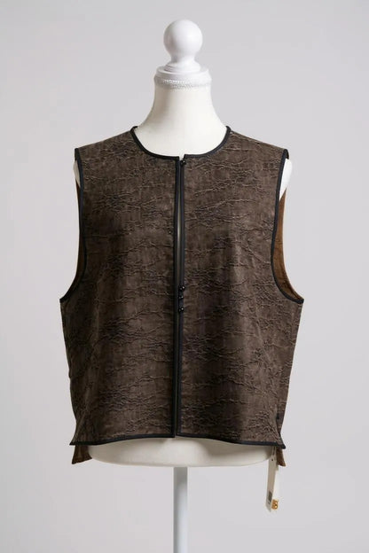 Brown Tussah silk sleeveless top featuring unique crinkled texture and black piping